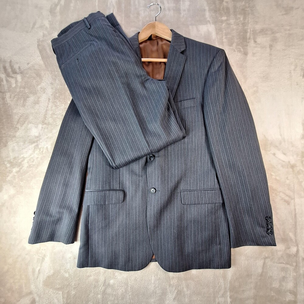 Joseph Jos A Bank Suit Mens 40L Gray Wool Pinstripe Slim Fit 2 Btn 2 Pc Dbl Vent